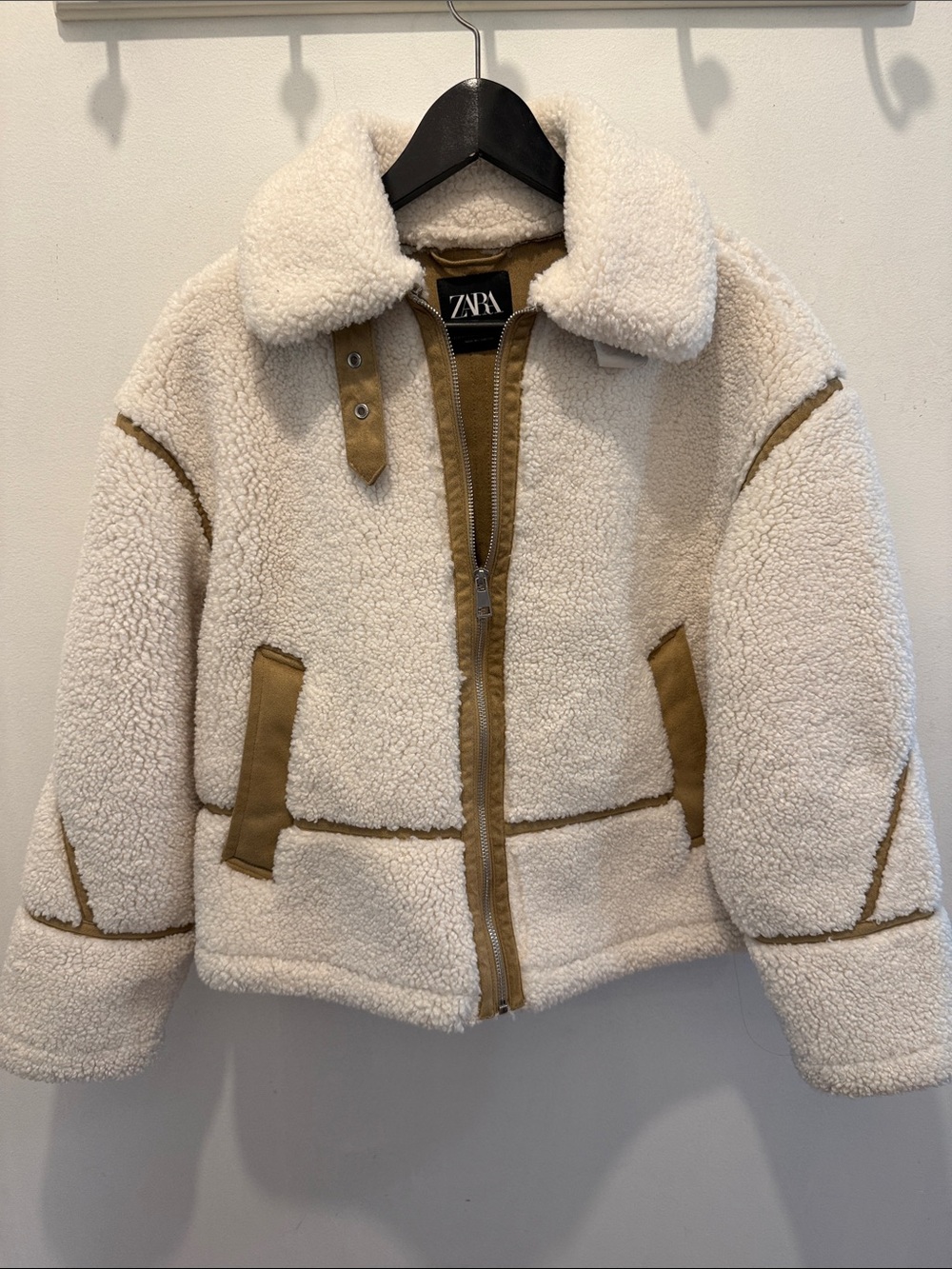 Zara Women’s Cream Sherpa Jacket with Tan Trim Accents